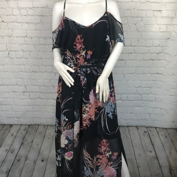 CITY CHIC BLACK FLORAL COLD‎ SHOULDER MAXI DRESS 14 - Picture 1 of 9